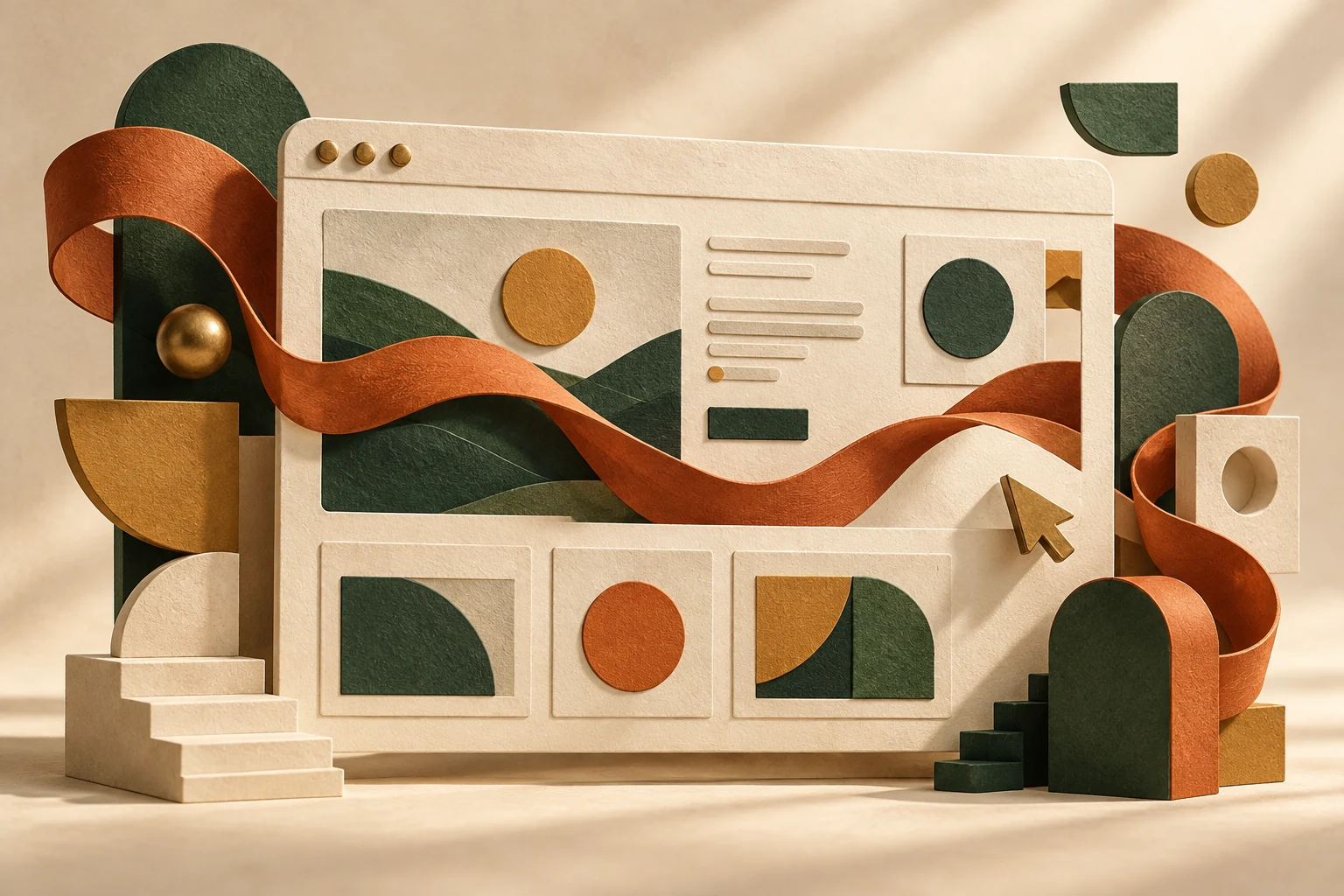 A website sculpted from paper, woven with a terracotta ribbon